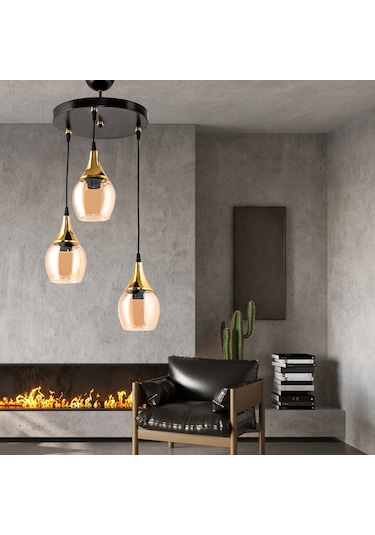 Dede Üçlü Embudo Tepsili Avize Gold Huni Bal Cam Bal - Siyah