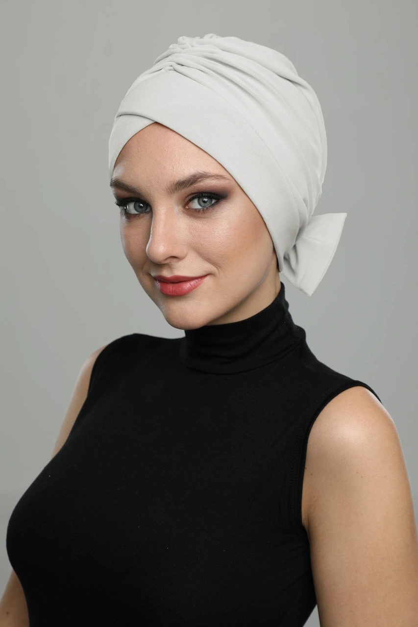 Fiyonklu Krem Hazır Türban Tesettür Bone Krem