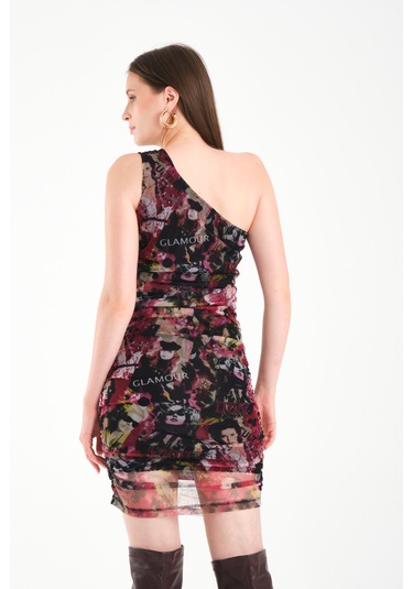 Tek Omuz Tül Elbise Pembe