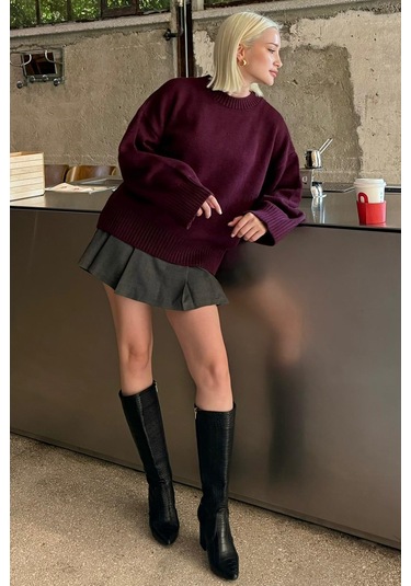 Mürdüm Bisiklet Yaka Oversize Triko Kazak Mg1972 Mürdüm