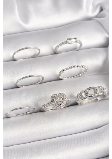 Pirinç Gümüş Renk Zirkon Taşlı Kalp Model Kadın Yüzük Kombini - Tj-byk3661 Çok Renkli