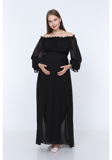 Modalabio Moda Labio-Babyshower Dökümlü Hamile Elbisesi Siyah