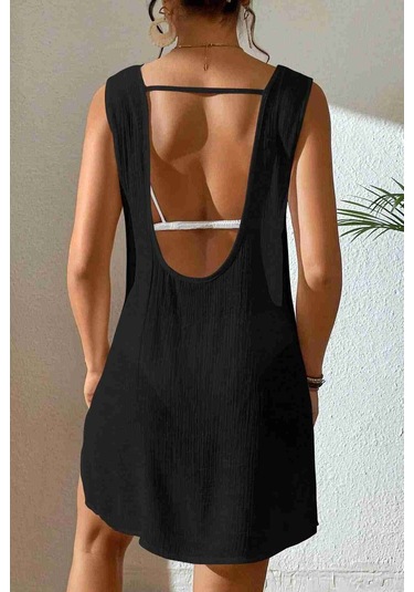 Angelsin Sırt Dekolteli Yırtmaçlı Pareo Plaj Elbisesi Siyah 001