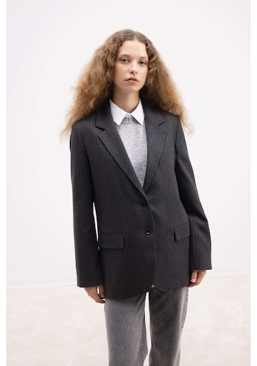 Defacto Oversize Geniş Kalıp Ceket Yaka Düğmeli Çizgili Blazer Ceket D6879ax24auar151 Antrasit