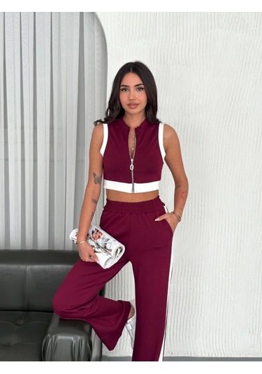 Osy Modal Yumuşak Dokulu Kumaş Tam Fermuarlı Crop Pantalon İkili Takım - Bordo Karışık