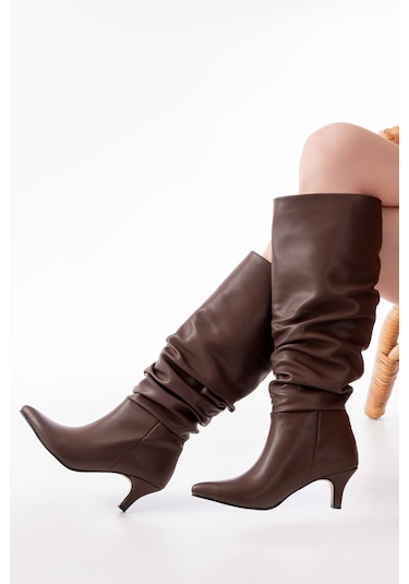 Sr-2001 Kahverengi İnce Topuklu Günlük Bayan Çizme Kahve Rengi