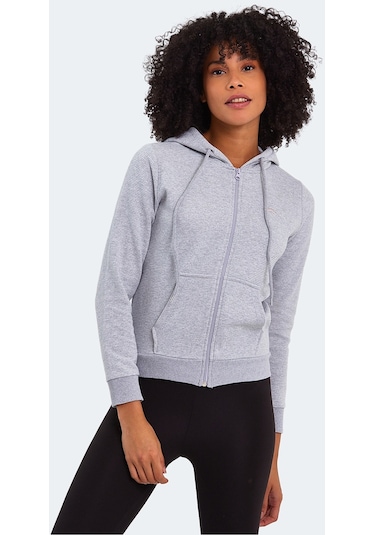 Slazenger PEMA I Kadın Fermuarlı Kapüşonlu Cepli Gri Sweatshirt