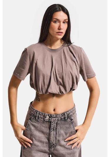 Itsbasic Kadın Açık Antrasit S6-16 Crop Balon Fit T-shirt