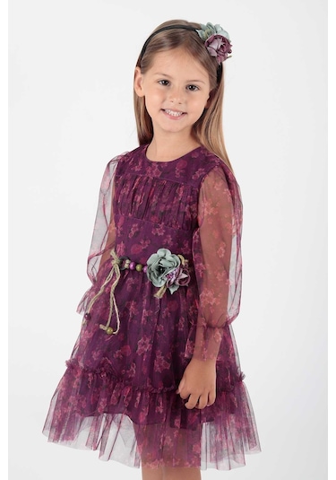 Ahengim Kız Çocuk Çiçek Baskılı Taçlı Kemerli Elbise Ak2202 001