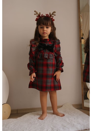 Kids Kırmızı Ekose Elbise Kırmızı