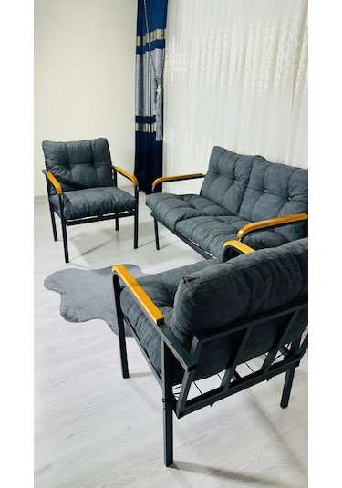 Madame Home Kalanşo Balkon, Bahçe,teras,cafe - Salon - Metal Kanepe Koltuk Takımı Çay Seti 2+1+1 Antrasit