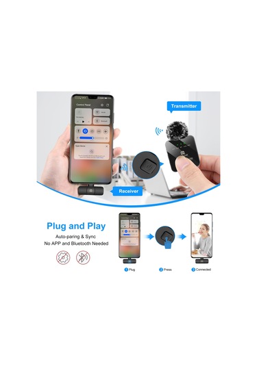 Type-c Telefon İçin Puluz Kablosuz Yaka Mikrofon Type-c Alıcı Siyah Type-C 1 TX + 1 RX