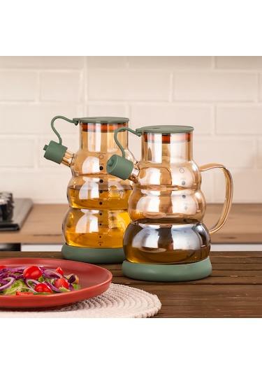 Porsima 3617 Kapaklı Borosilikat Cam 2li Yağlık Sirkelik Seti Yağdanlık Takımı 1000ml Yeşil Yeşil