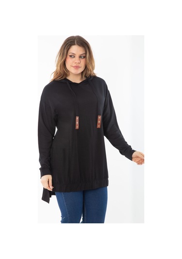 Kadın Büyük Beden Siyah Arkası Uzun Yan Yırtmaçlı Kapşonlu Sweatshirt 65n37310-siyah Siyah