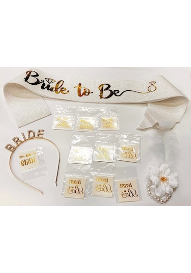 Altın Renk Bride Partisi Taç Kuşak Dövme Bileklik Seti Full 13 Parça