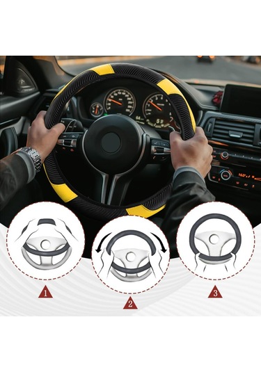 Yifomall Kabuk Deri 37-38cm Universal Direksiyon Kılıfı - Karbon Fiber Stili, Kaymazsız, Soluk, Dayanıklı, Sarı Sarı