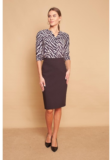 Astarlı Yüksek Bel Diz Altı Hafif Likralı Yırtmaçlı Kumaş Ofis Kalem Etek -siyah Siyah