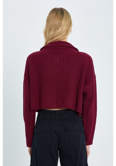 Mixray 6752 Kadın Crop Fermuarlı Kazak Bordo