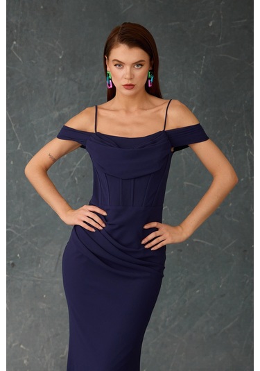 Carmen Kadın Askılı Uzun Şifon Abiye Elbise 58464 Lacivert Lacivert