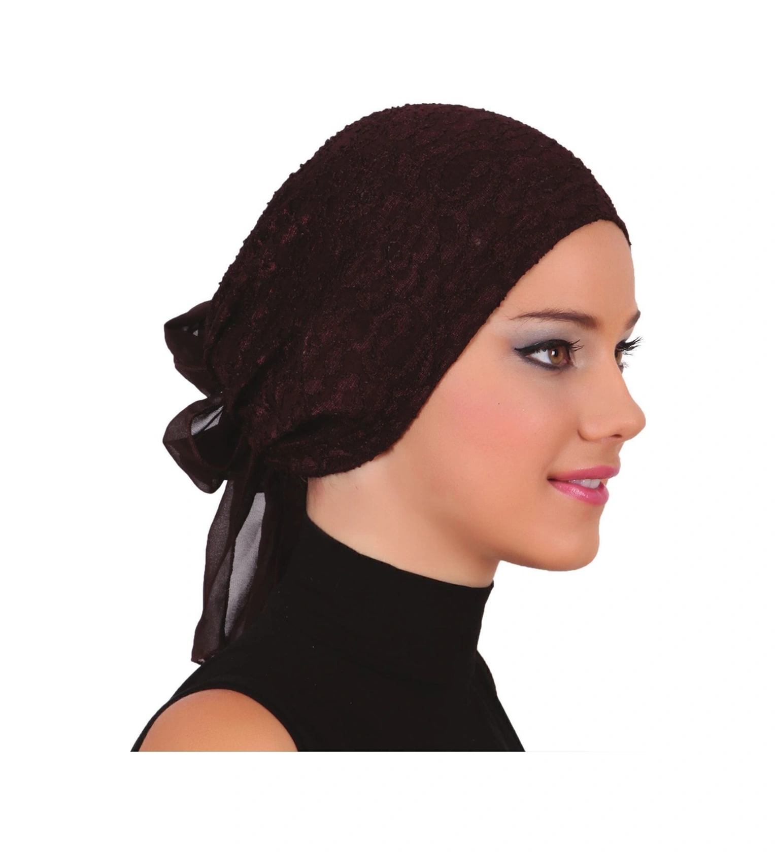 Dantel Tüllü Kahverengi Hazır Türban Tesettür Bone Kahve