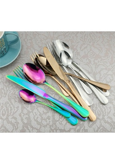 Agoodshop Altın Gümüş 4 Adet Yemek Takımı Seti Paslanmaz Çelik Renkli Gökkuşağı Çatal Bıçak Takımı Gümüş
