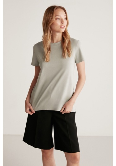 GRIMELANGE Samantha Kadın %100 Organik Pamuklu Comfort Fit Arkası Uzun Basic Örme Açık Gri T-shirt Açık Gri