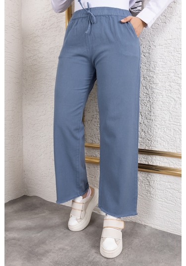 Beli Lastikli Keten Pantolon - Mavi / A0104 Mavi