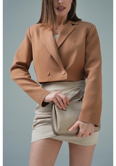 Kamel Kruvaze Crop Blazer Ceket Kamel