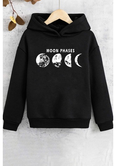 Çocuk Moon Phases Baskılı Sweatshirt Siyah