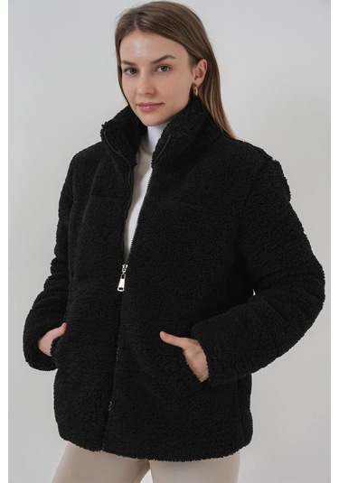5178 Astarlı Peluş Mont - Siyah Çok Renkli