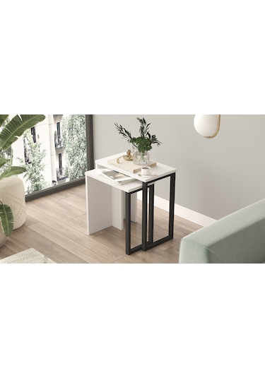 Robin Home Lidya 2'li Zigon Sehpa Yan Sehpa Metal Ayaklı Beyaz