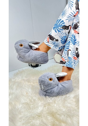 Kadın Panduf Tavşan Figürlü Peluş Ev Botu Desenli Düz Taban Rahat Hafif 359 Gri