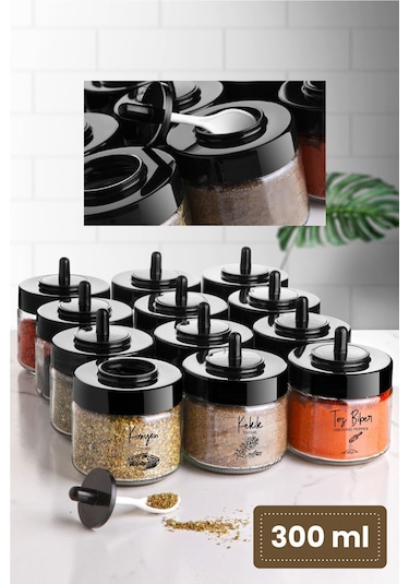 Vienev Siyah Serigrafi Etiketli 12 Adet Kapağı Kendinden Kaşıklı Baharatlık Seti Kısa Şeffaf