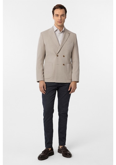 Süvari Bej Slim Fit Baskılı Kruvaze Yaka 6 Drop Ceket