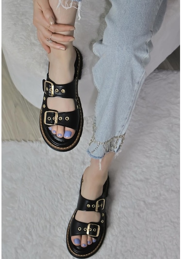 Asmi Shoes Kadın Çift Bant Kapsül Detaylı Kalın Taban Ortopedik Terlik Siyah Siyah