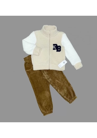 1-2-3 Yaş Kuzu Kumaş Fermuarlı Sweat Kadife Pantolonlu Uzun Kollu Kız Erkek Çocuk 2li Takım Bej Bej