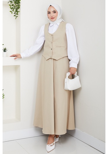 İkili Gabardin Yelek Etek Takım 1400 - Bej Bej