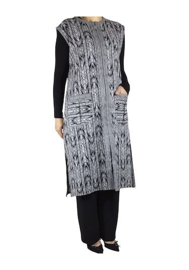 Önü Fermuarlı Desenli Cepli Kalın Kışlık Yelek Gri