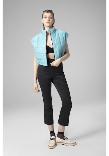 Turkuaz Dericlub Wm054 Gerçek Deri Kadın Şişme Yelek Turkuaz