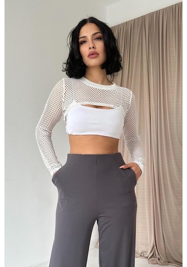 Modaserdem Füme Pensli Lastik Detaylı Pantolon Füme