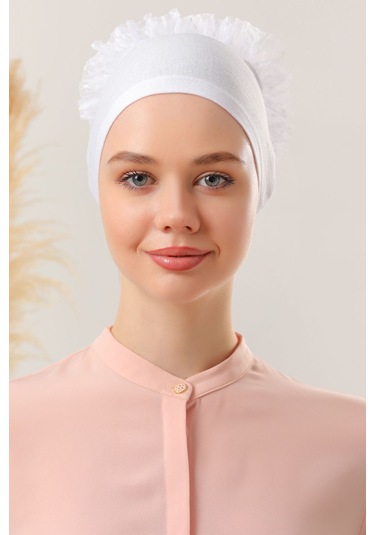 Kadın Tesettür 10'lu Fırfırlı Dikişli Bone Beyaz Beyaz