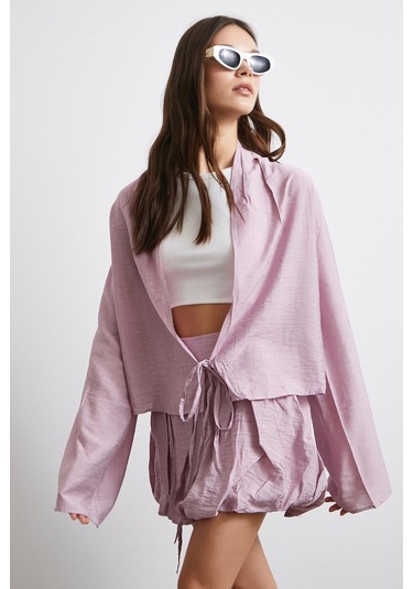 Geniş Kol Önden Bağlamalı Bluz Lila LILA
