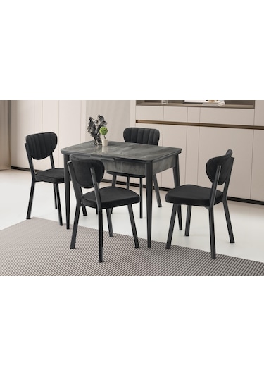 Tekno Elma Mdf Açılır Mutfak Masa Sandalye Takımı 60x100 Siyah