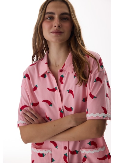Penti Pamuklu Pembe Just Chill Gömlek Pantolon Pijama Takımı