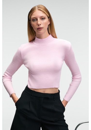 Grimelange CALIDA Kadın Dik Yaka Fitilli Görünümlü Slim Fit Triko Pembe Kazak