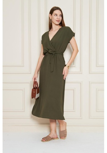 Kadın Kruvaze Yaka Cepli Derin Yırtmaçlı Beli Lastikli Aerobin Günlük Yazlık Elbise 3764341 Haki