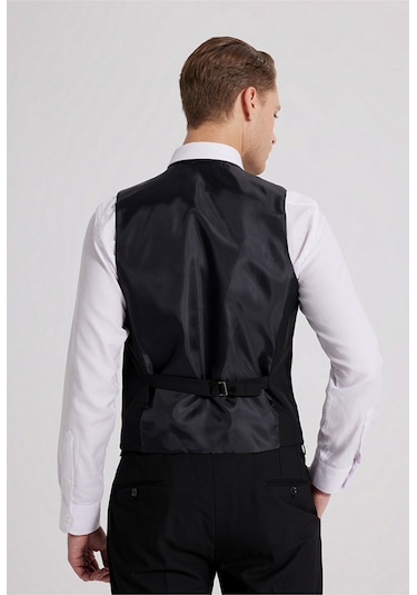 Ds Damat Slim Fit Siyah Mono Yaka Tek Yırtmaçlı Astarlı Takim Elbise Yelekli 4HFY5ORT01599 Siyah