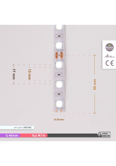ACK Üç Çip 60 LED li Şerit LED 6500K Beyaz Işık 12V 14.4W 5m
