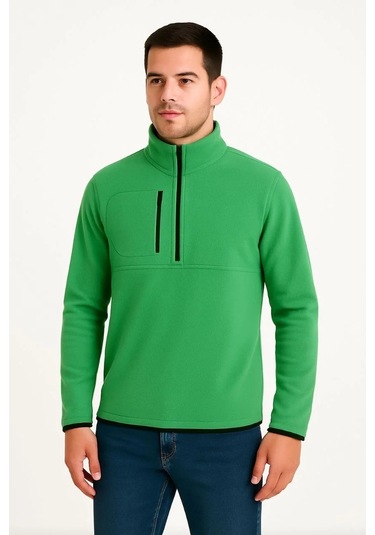 Erkek Polar Kazak Dik Yaka, Yarım Fermuarlı, Fermuarlı Göğüs Cepli, Siyah Biyeli, Kışlık Rahat Reg Yeşil