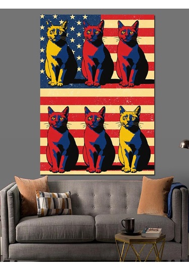 Renkli Kedi Pop Art Dekoratif Kanvas - Mdf Ahşap Tablo